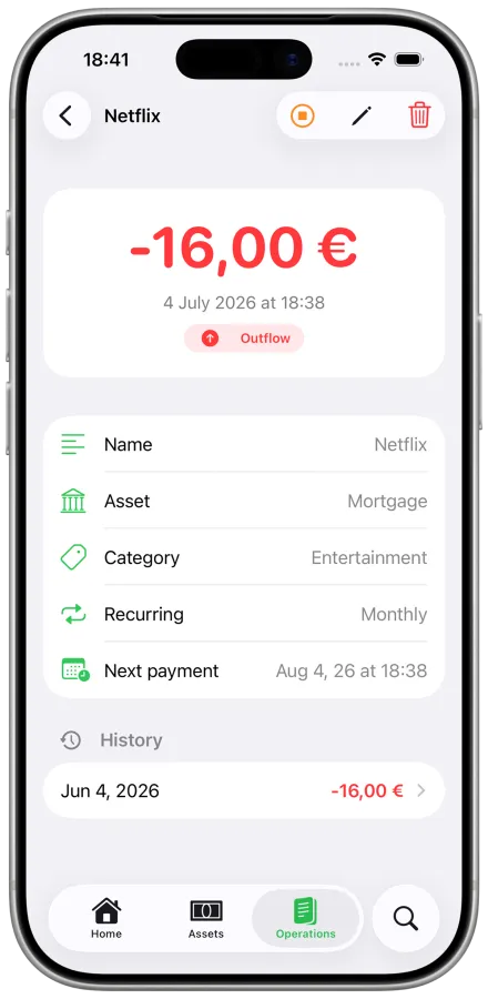 Recurring transactions screen in ByJo